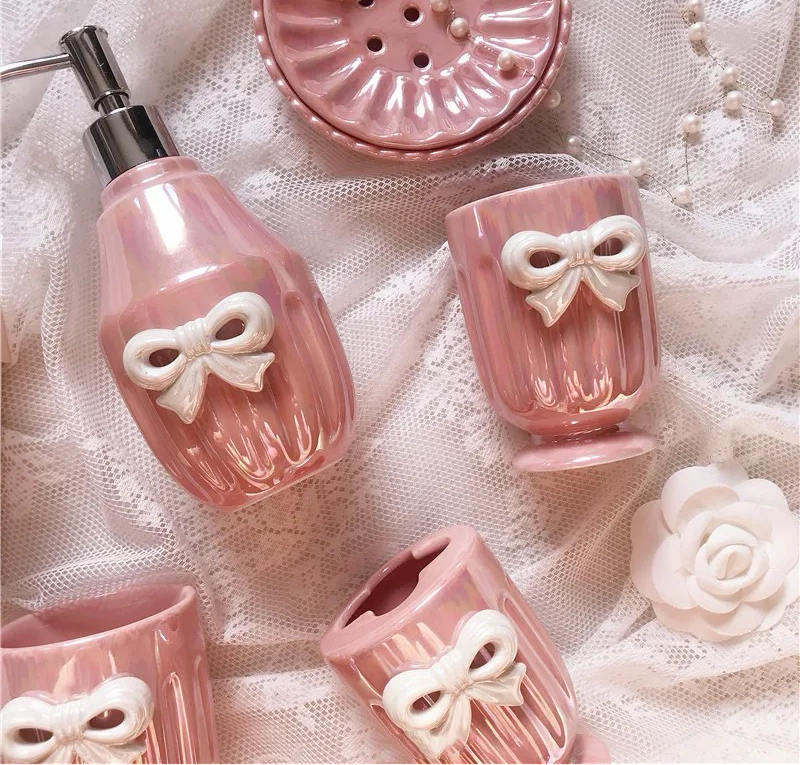 Pink Ribbon Bow Ceramic Glazed Bathroom Set French Style Decor