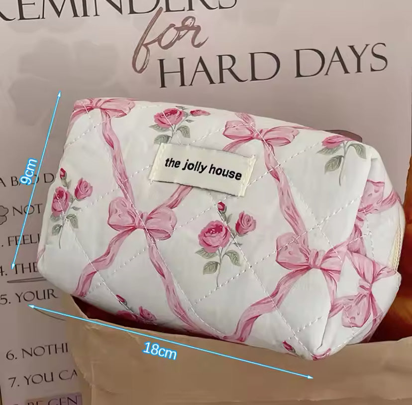 The Jolly House Quilted Cotton Coquette Style Bow Floral Cosmetic Organiser Bag 3 pcs Set