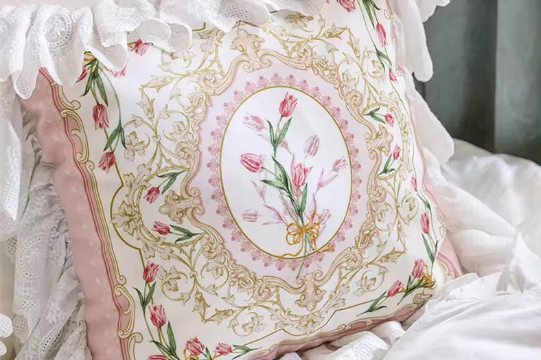 Floral Velvet Victorian French Bouquet Pink Princess Ruffle Hem Luxury Pillow Covers