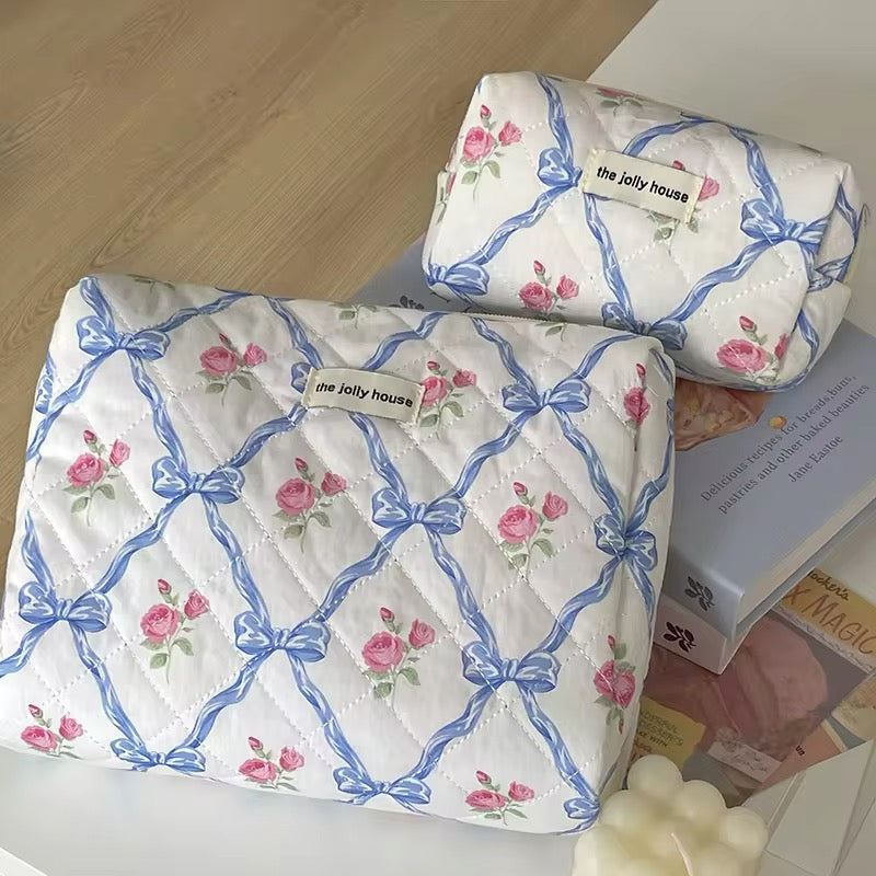 The Jolly House Quilted Cotton Coquette Style Bow Floral Cosmetic Organiser Bag 3 pcs Set