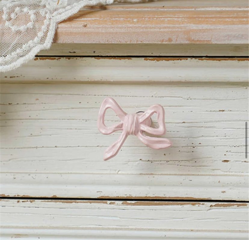 Pink Bow 2pc Iron French Ribbon Drawer Handle Vintage Coquette Style Door Knobs