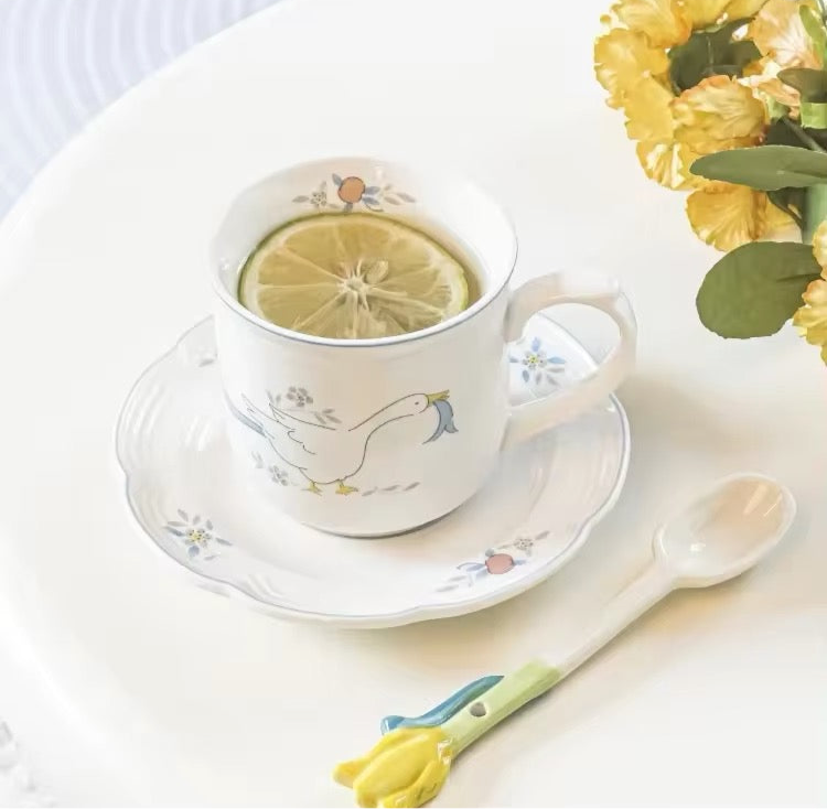 Vintage Illustration Ceramic Floral Porcelain Teacup Mug And Saucer Set