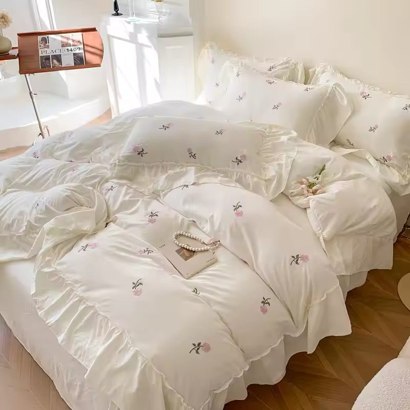 Pink English Rose Embroidered Frill Hem Soft Cotton Vintage Duvet Bedding Set