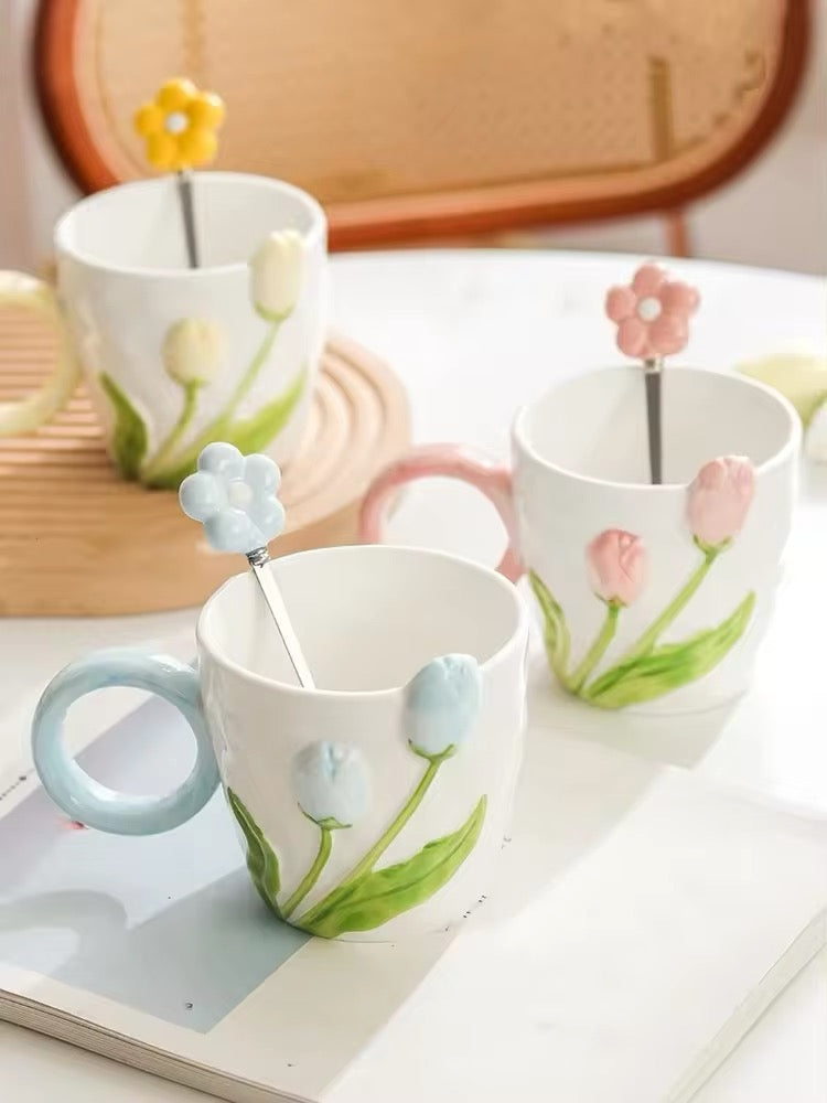 Tulip 3D Ceramic Porcelain Mug And Spoon Set