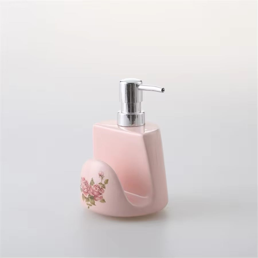 Baby Pink Soap Dispenser With Holder For Flannels Or Dish Scourer Ceramic Floral Decor