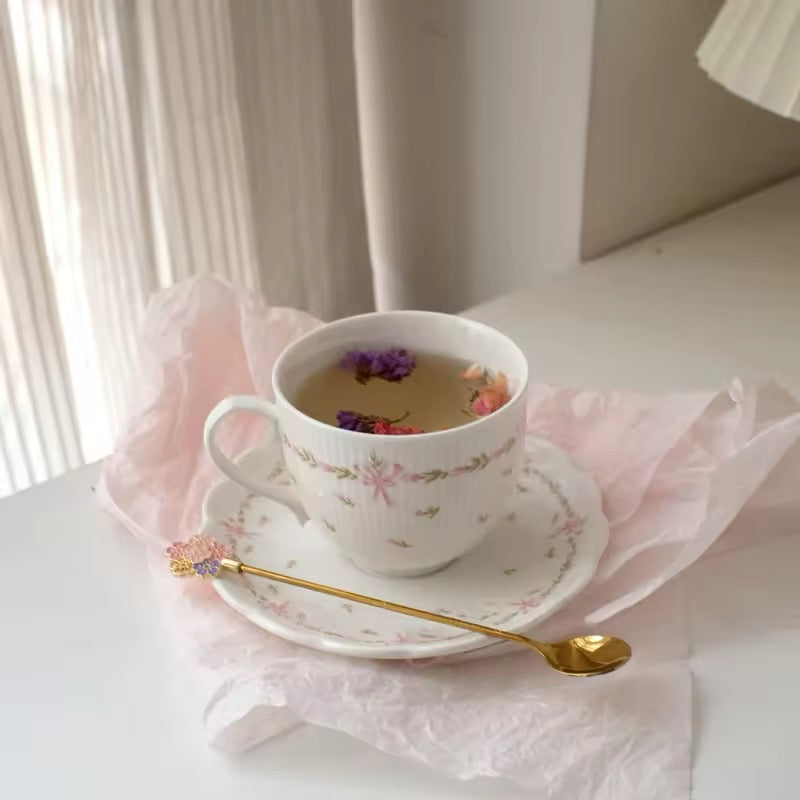 Floral Pink Ceramic Ribbon Porcelain Teacup And Saucer Set