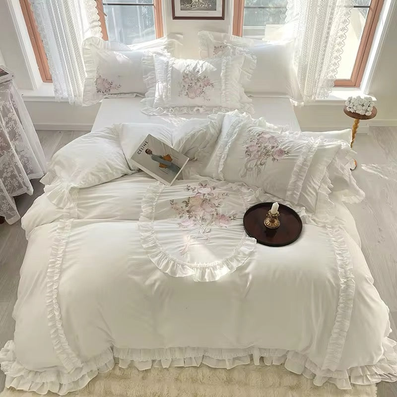 Floral Bouquet Pink English Rose Egyptian Cotton Vintage Ruffle hem Duvet Bedding Set