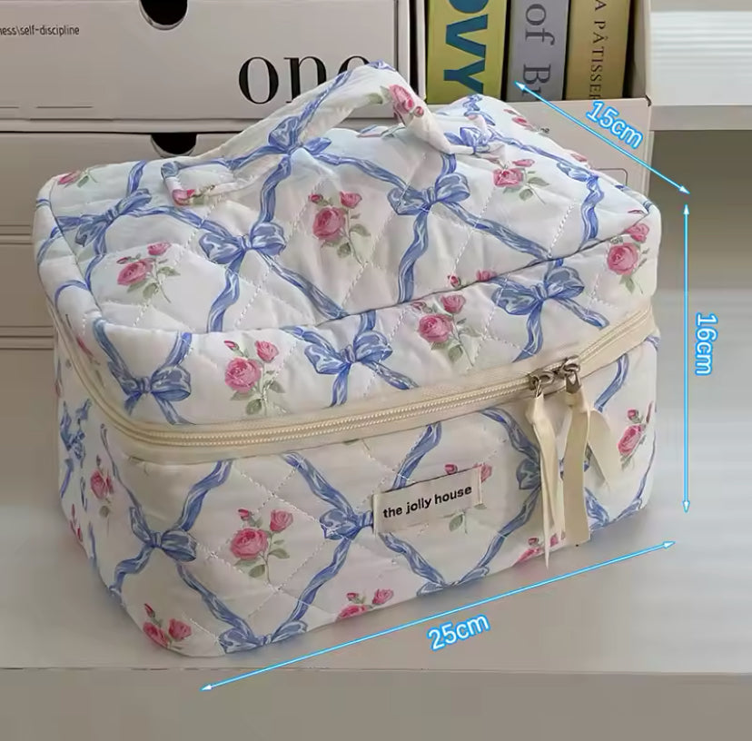 The Jolly House Quilted Cotton Coquette Style Bow Floral Cosmetic Organiser Bag 3 pcs Set