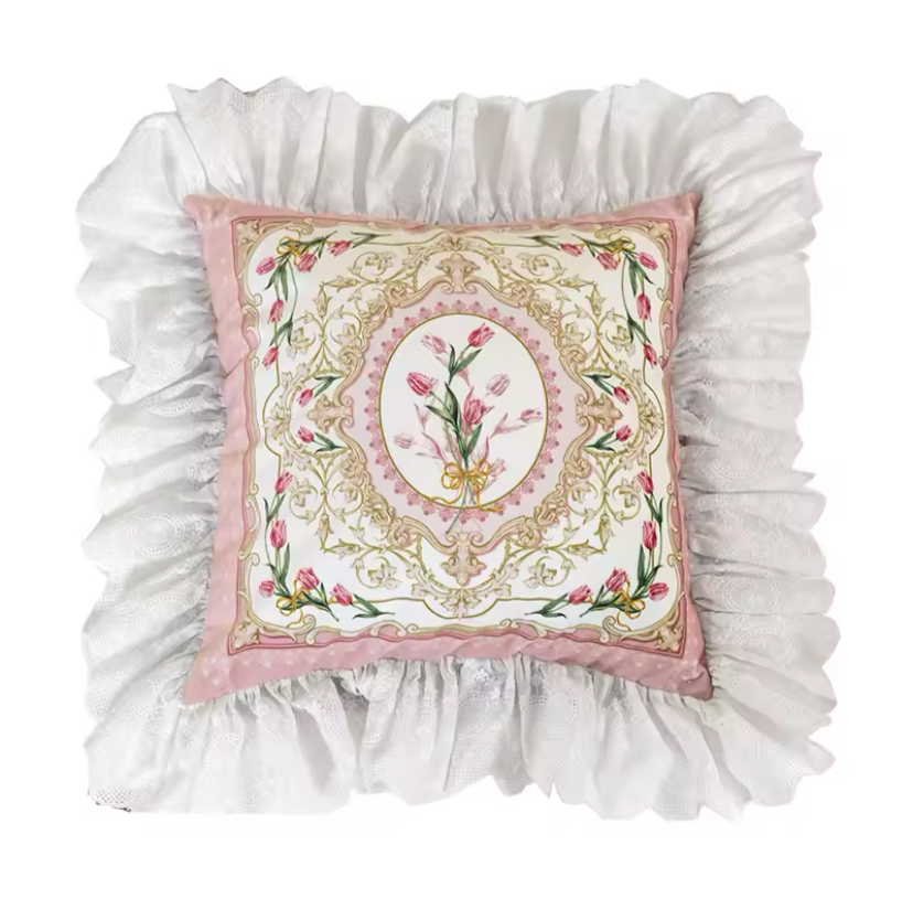 Floral Velvet Victorian French Bouquet Pink Princess Ruffle Hem Luxury Pillow Covers