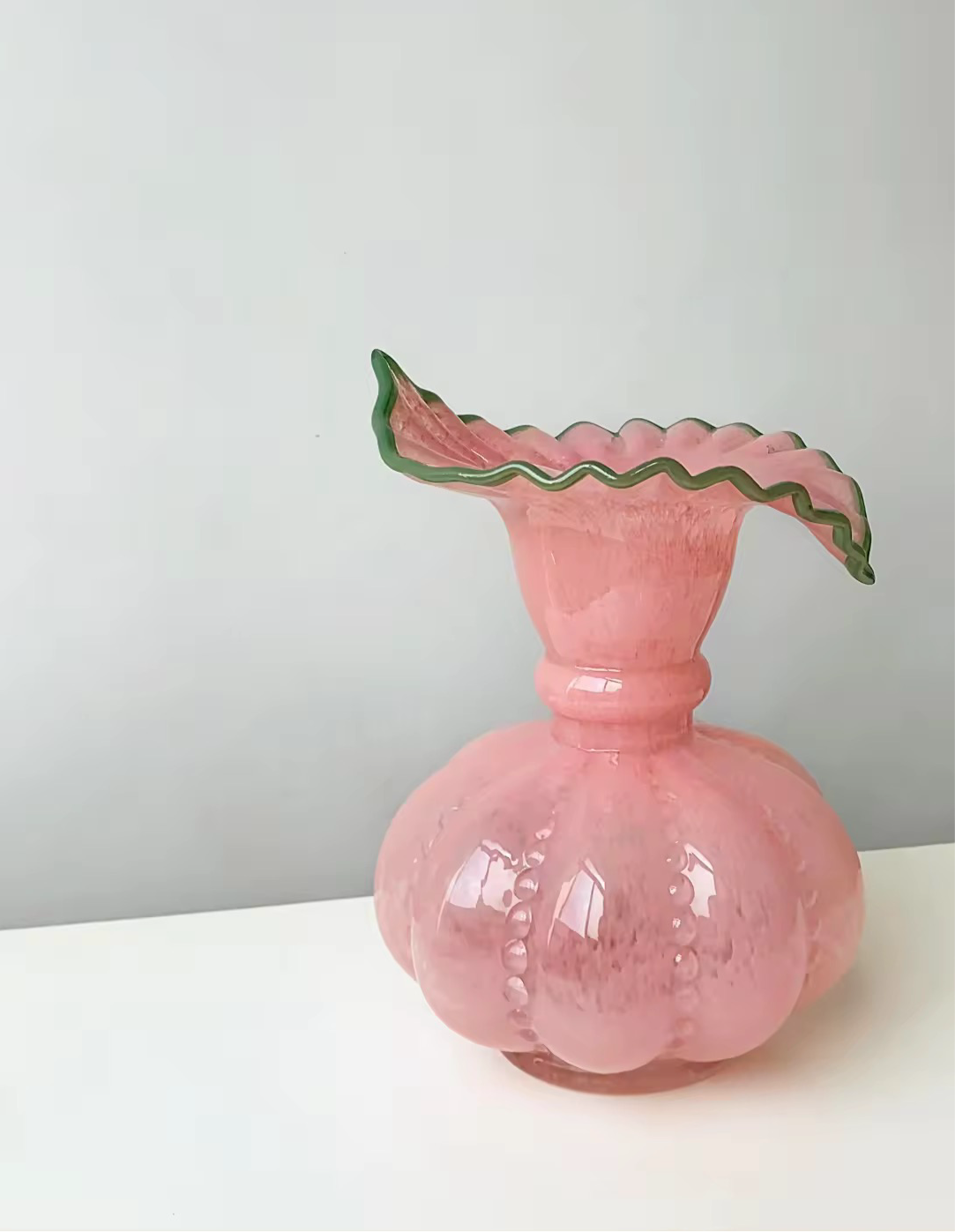 Blush Pink Elegant Pumpkin Victorian Glass Crystal Floral Leaf Vase