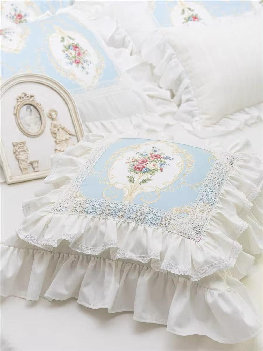 Pastel Blue Floral Pink Victorian French Bouquet Lace Princess Ruffle Hem Luxury Pillow Cover