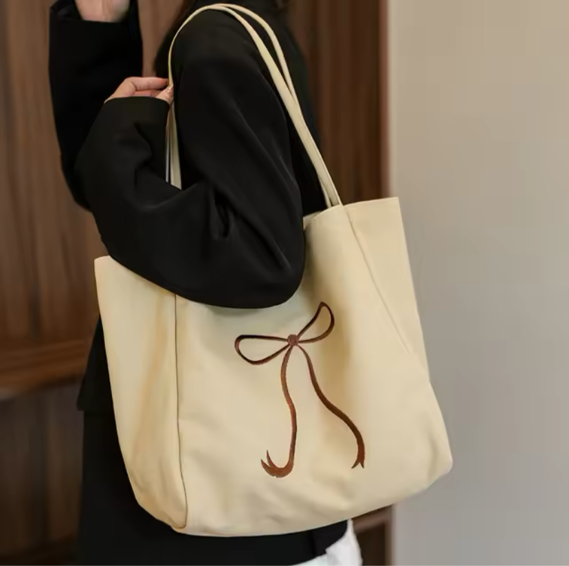 Embroidered Bow Ribbon Large Cotton Tote Shoulder Bag