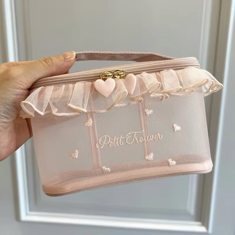 Petit Trouver Classic French Valentines Style Ruffle Mesh Lace Cosmetic Organiser Bag