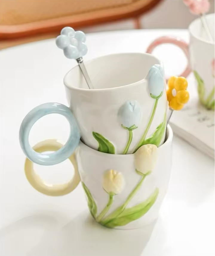 Tulip 3D Ceramic Porcelain Mug And Spoon Set