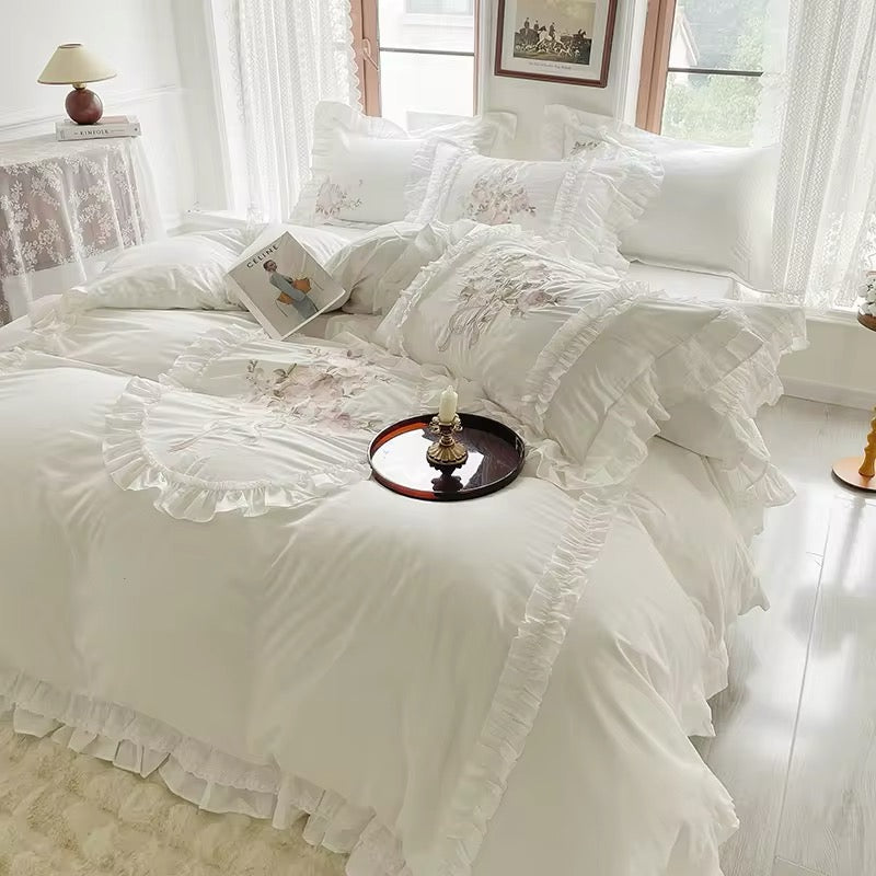Floral Bouquet Pink English Rose Egyptian Cotton Vintage Ruffle hem Duvet Bedding Set