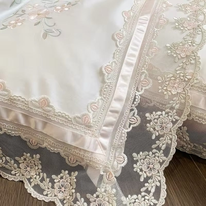 Floral Lace Pink Ribbon Satin Egyptian Cotton Vintage Embroidered Scalloped hem Duvet Bedding Set