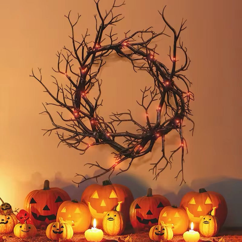 Halloween Tree Branch Wreath Door Decoration Lights
