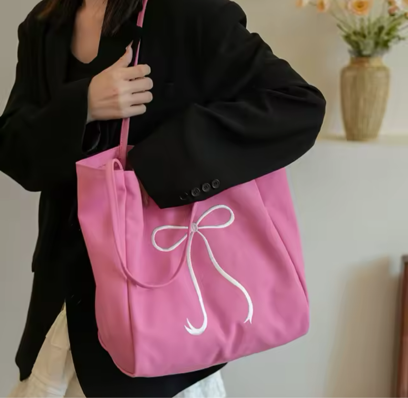 Embroidered Bow Ribbon Large Cotton Tote Shoulder Bag