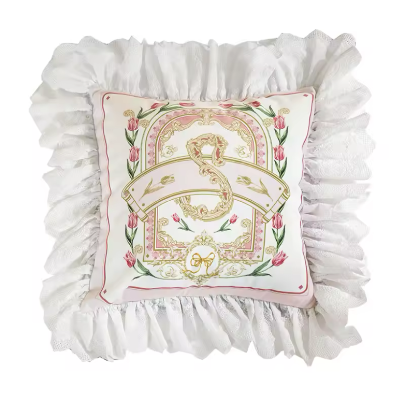 Floral Velvet Victorian French Bouquet Pink Princess Ruffle Hem Luxury Pillow Covers