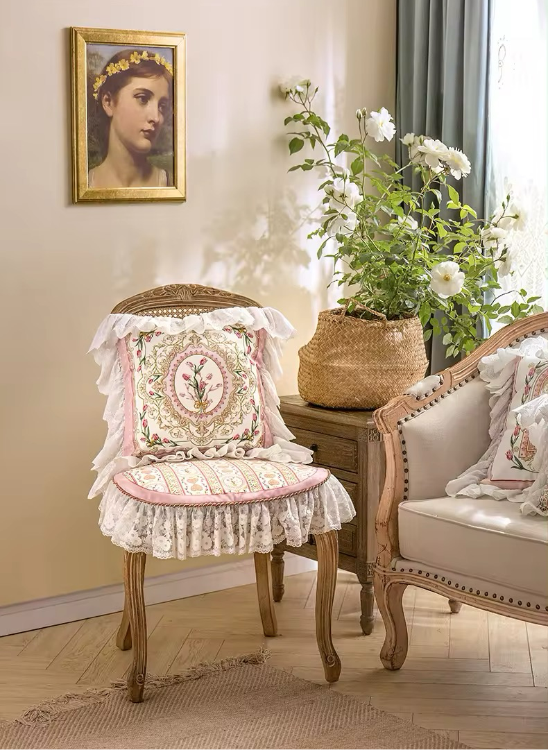 Floral Velvet Victorian French Bouquet Pink Princess Ruffle Hem Luxury Pillow Covers
