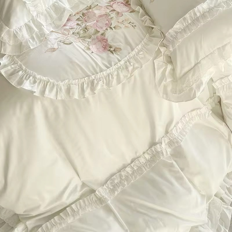 Floral Bouquet Pink English Rose Egyptian Cotton Vintage Ruffle hem Duvet Bedding Set