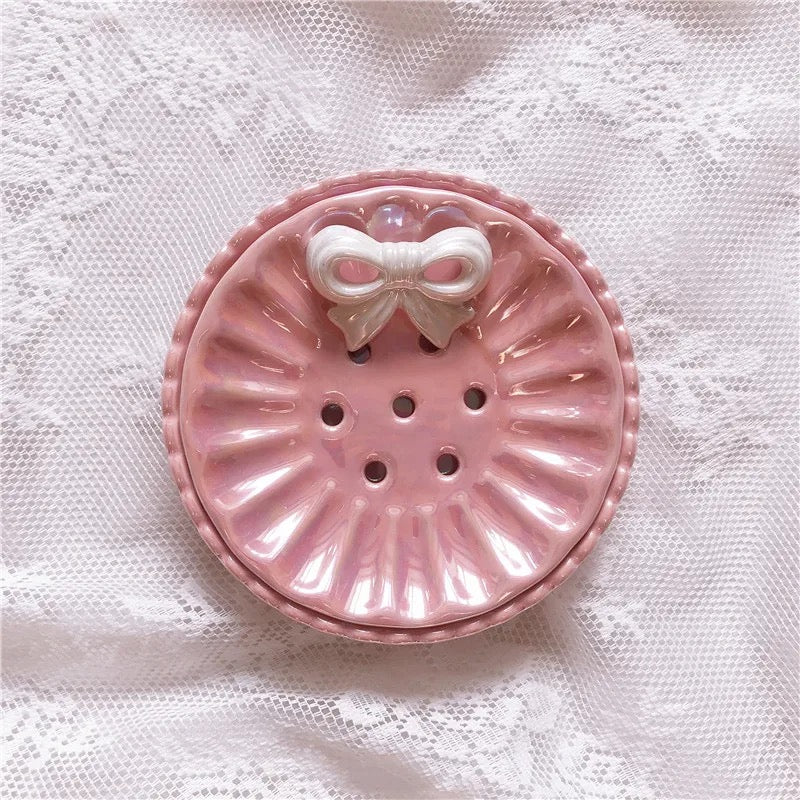 Pink Ribbon Bow Ceramic Glazed Bathroom Set French Style Decor