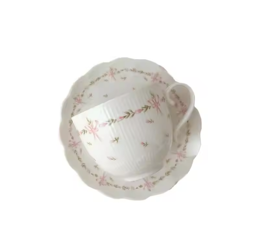 Floral Pink Ceramic Ribbon Porcelain Teacup And Saucer Set