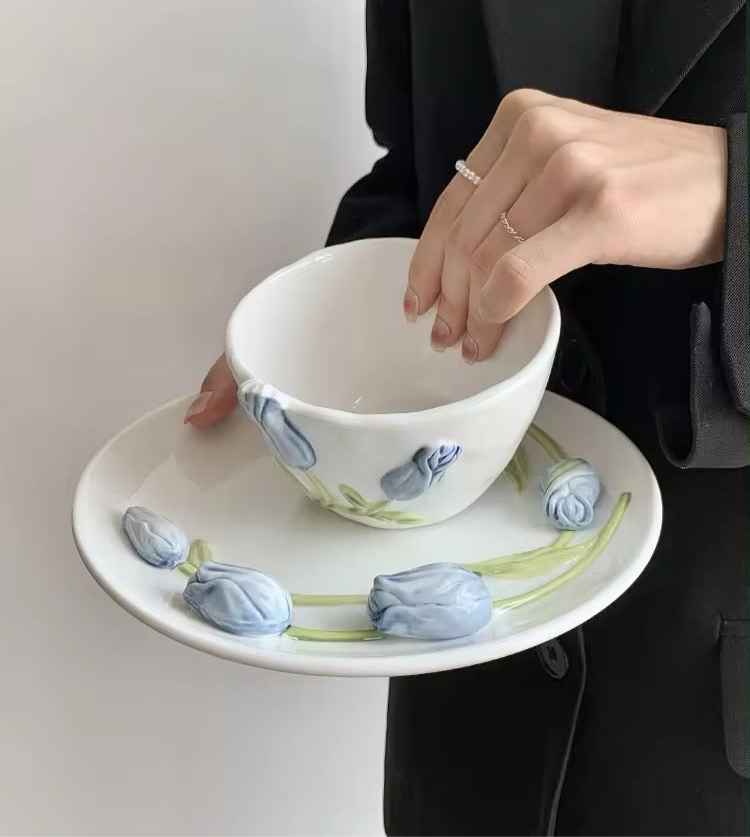 Tulip 3D Fairycore Ceramic Porcelain Mug And Plate Matching Set