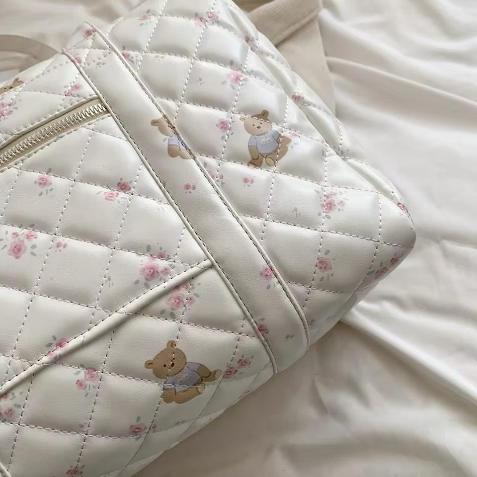 Floral Teddy Bear Quilted Leather Cute Daily Shoulder Bag