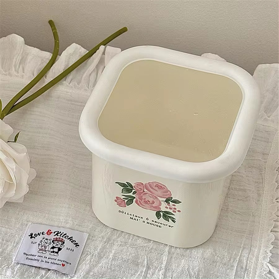 Enamel Pink Rose Vintage Cottagecore Removable Lid Storage Container Jar Kitchenware Decor