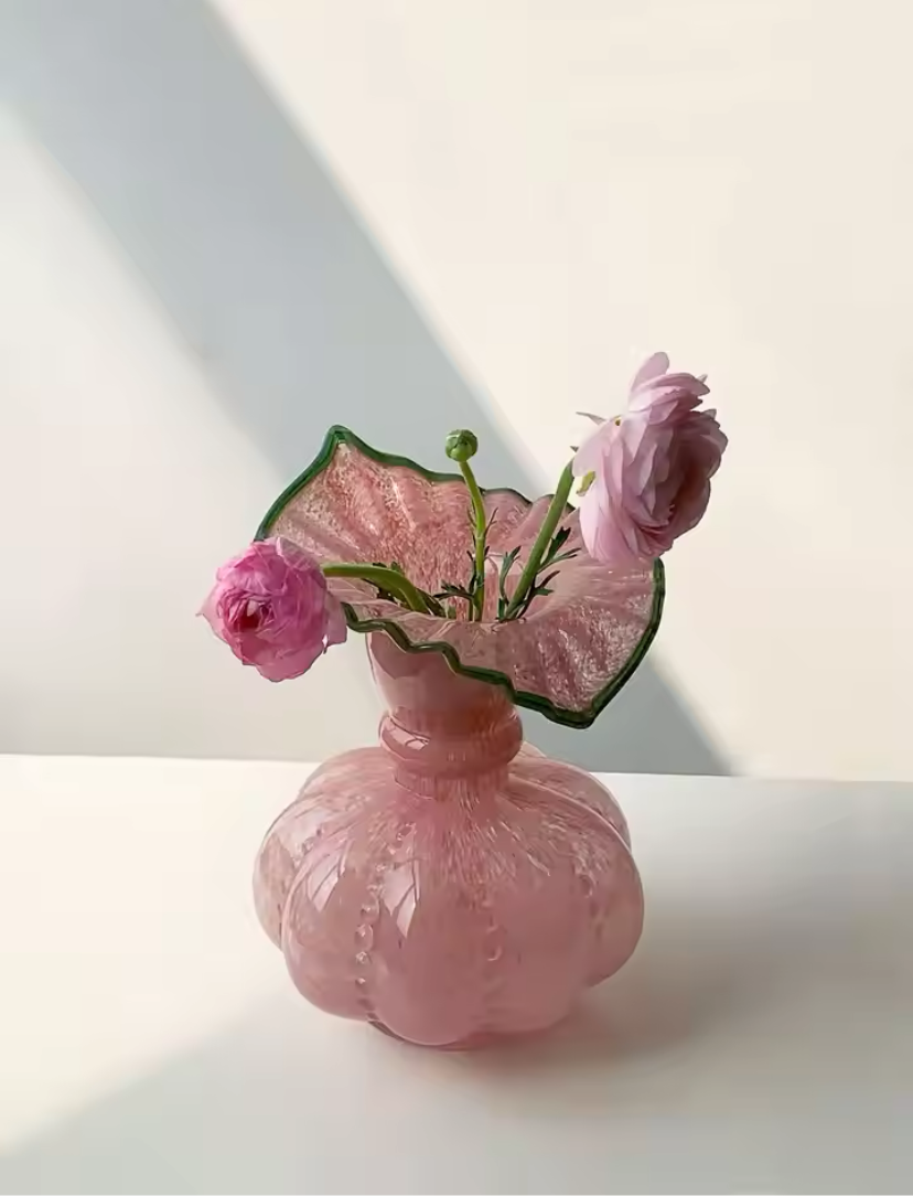 Blush Pink Elegant Pumpkin Victorian Glass Crystal Floral Leaf Vase