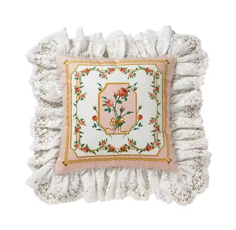 Floral Velvet Victorian French Bouquet Pink Princess Ruffle Hem Luxury Pillow Covers
