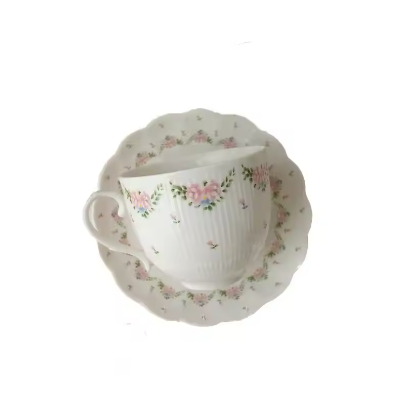 Floral Pink Ceramic Ribbon Porcelain Teacup And Saucer Set