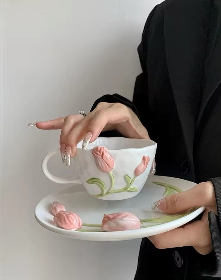 Tulip 3D Fairycore Ceramic Porcelain Mug And Plate Matching Set