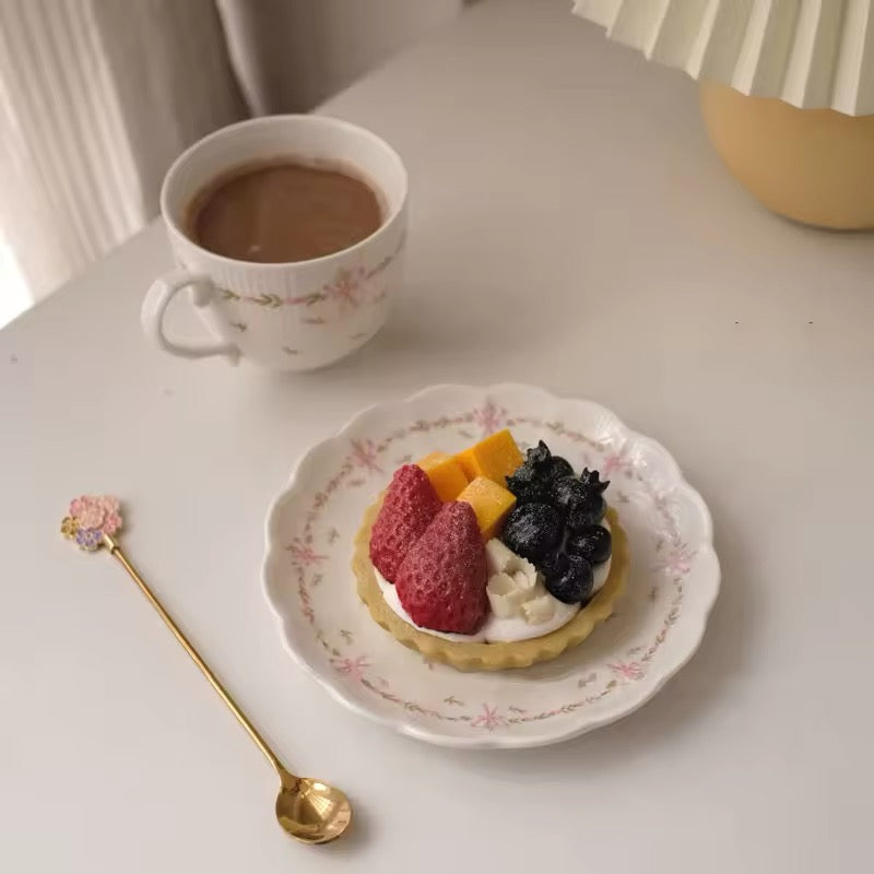 Floral Pink Ceramic Ribbon Porcelain Teacup And Saucer Set