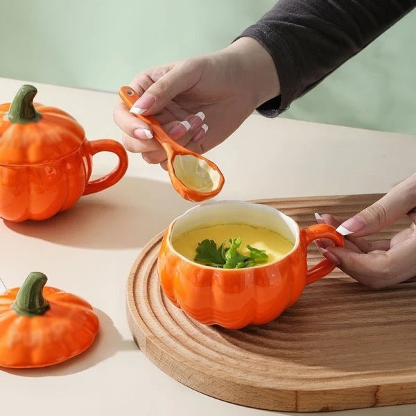 Autumn/Fall Vintage Pumpkin Large Ceramic Handmade Mug & Spoon Set