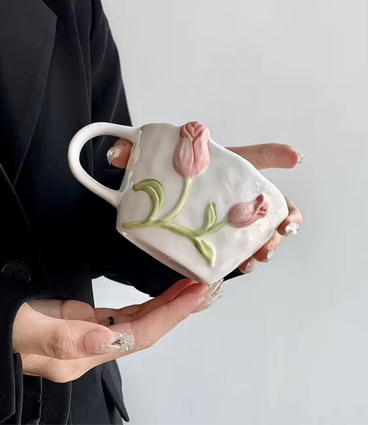 Tulip 3D Fairycore Ceramic Porcelain Mug And Plate Matching Set