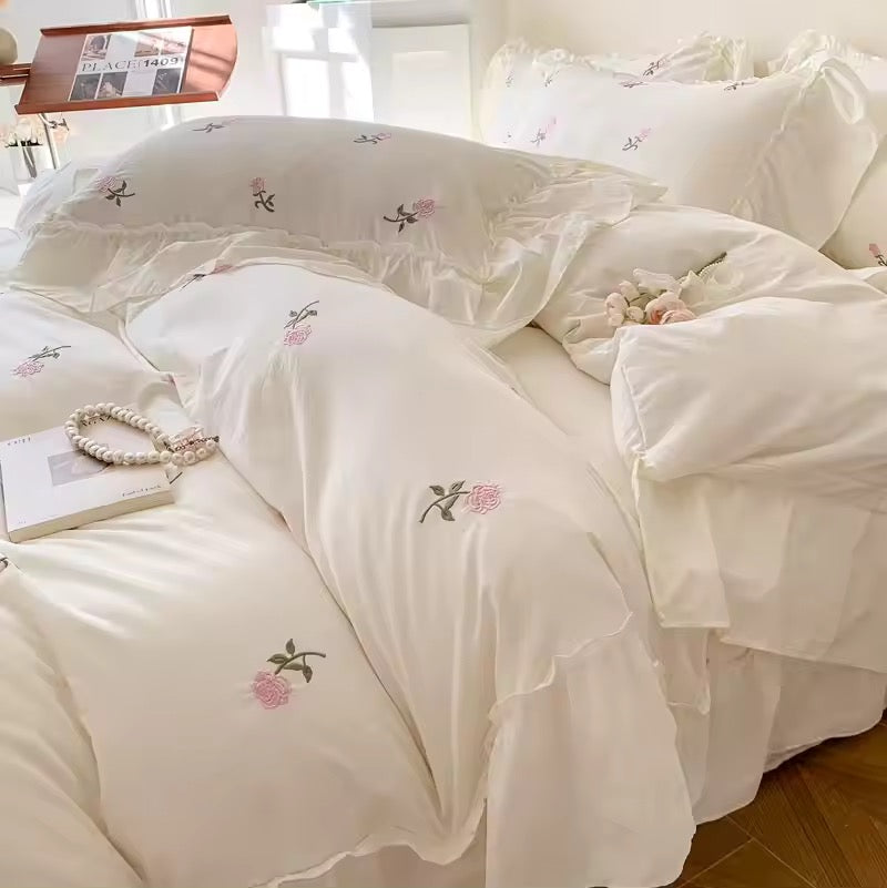 Pink English Rose Embroidered Frill Hem Soft Cotton Vintage Duvet Bedding Set