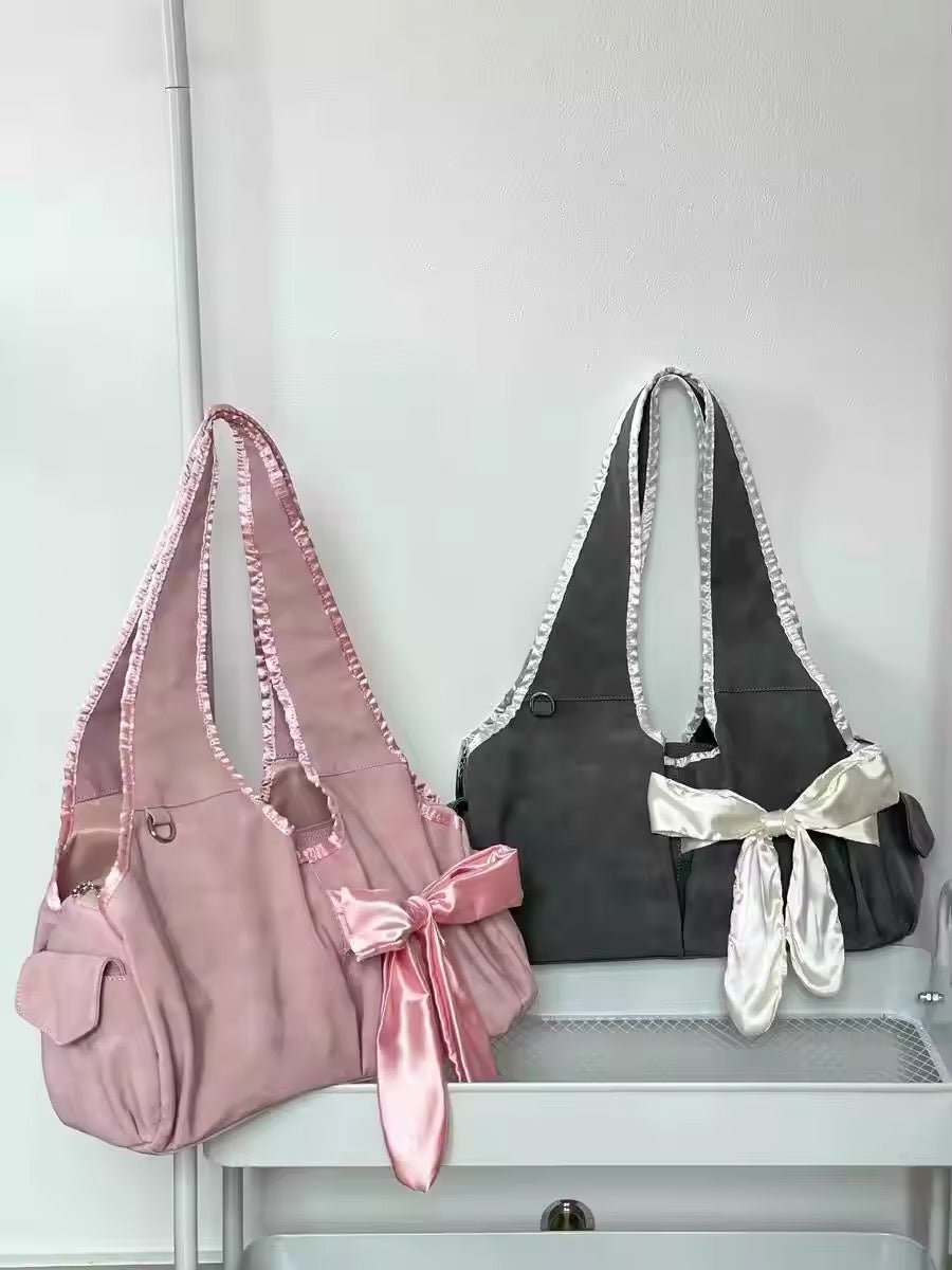 Silk Pink Ribbon Ballerina Large Tote Crossbody Shoulder Bag