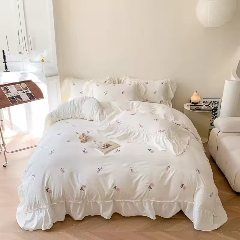 Pink English Rose Embroidered Frill Hem Soft Cotton Vintage Duvet Bedding Set