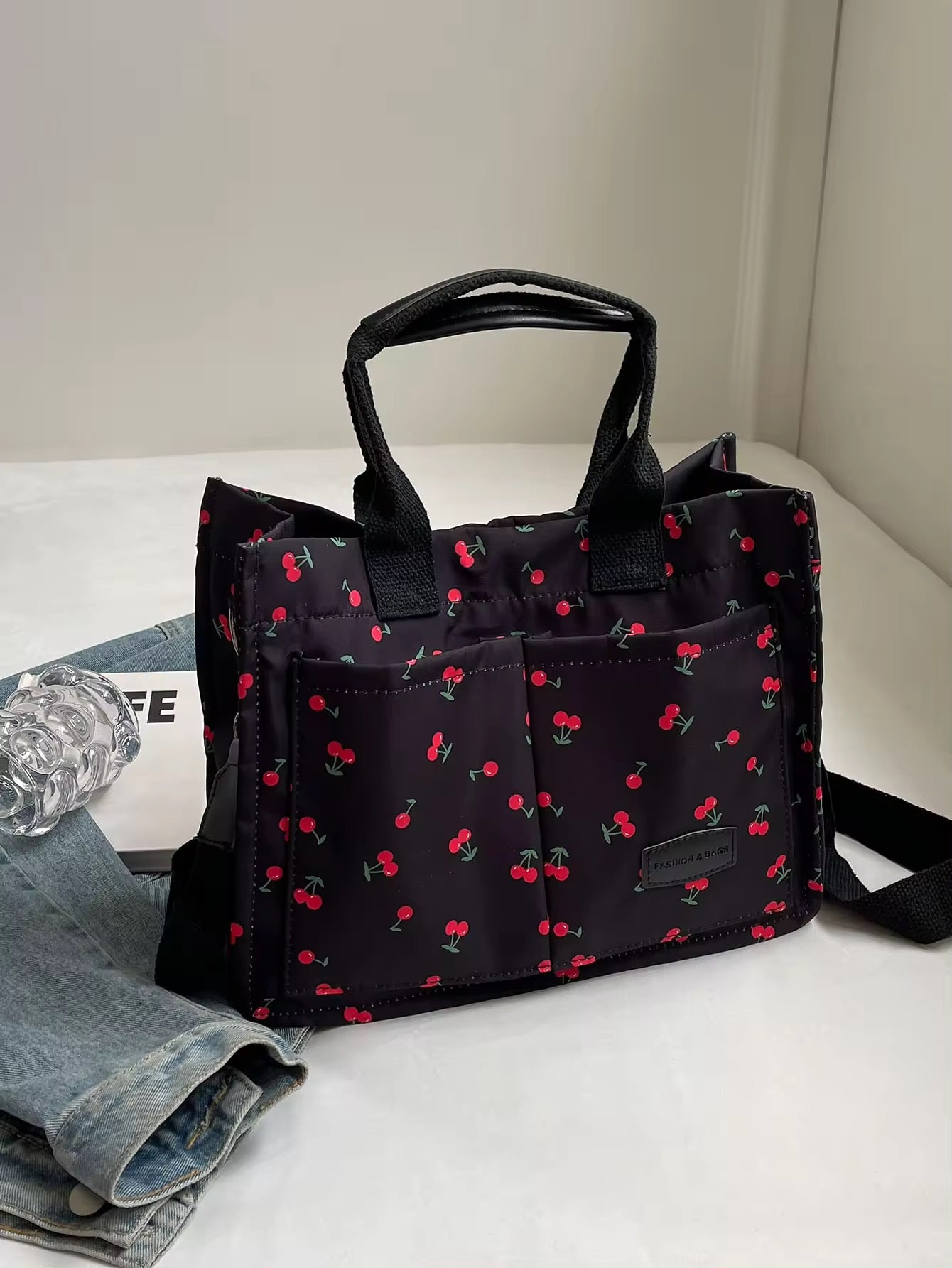 Cherries Print Puffer Crossbody Compartment Shoulder Bag