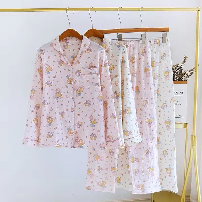 Beau Vie Womens Pyjamas Pastel Jester Print Cute Loose Soft Waffle Cotton Matching Set