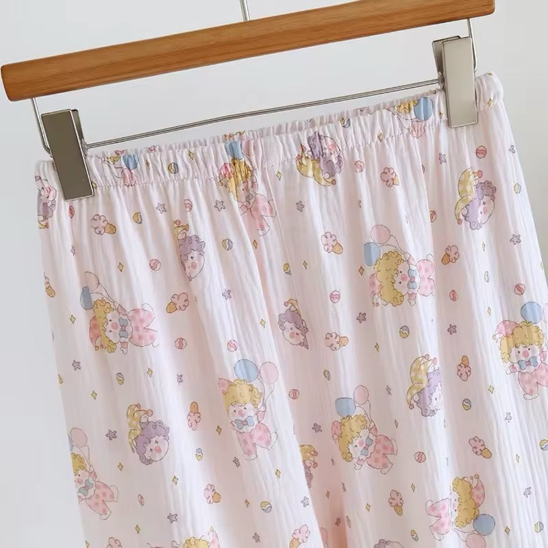 Beau Vie Womens Pyjamas Pastel Jester Print Cute Loose Soft Waffle Cotton Matching Set
