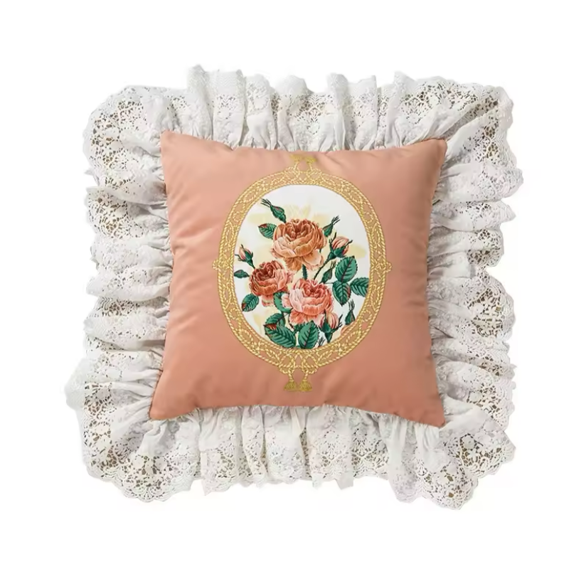 Floral Velvet Victorian French Bouquet Pink Princess Ruffle Hem Luxury Pillow Covers