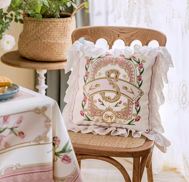 Floral Velvet Victorian French Bouquet Pink Princess Ruffle Hem Luxury Pillow Covers