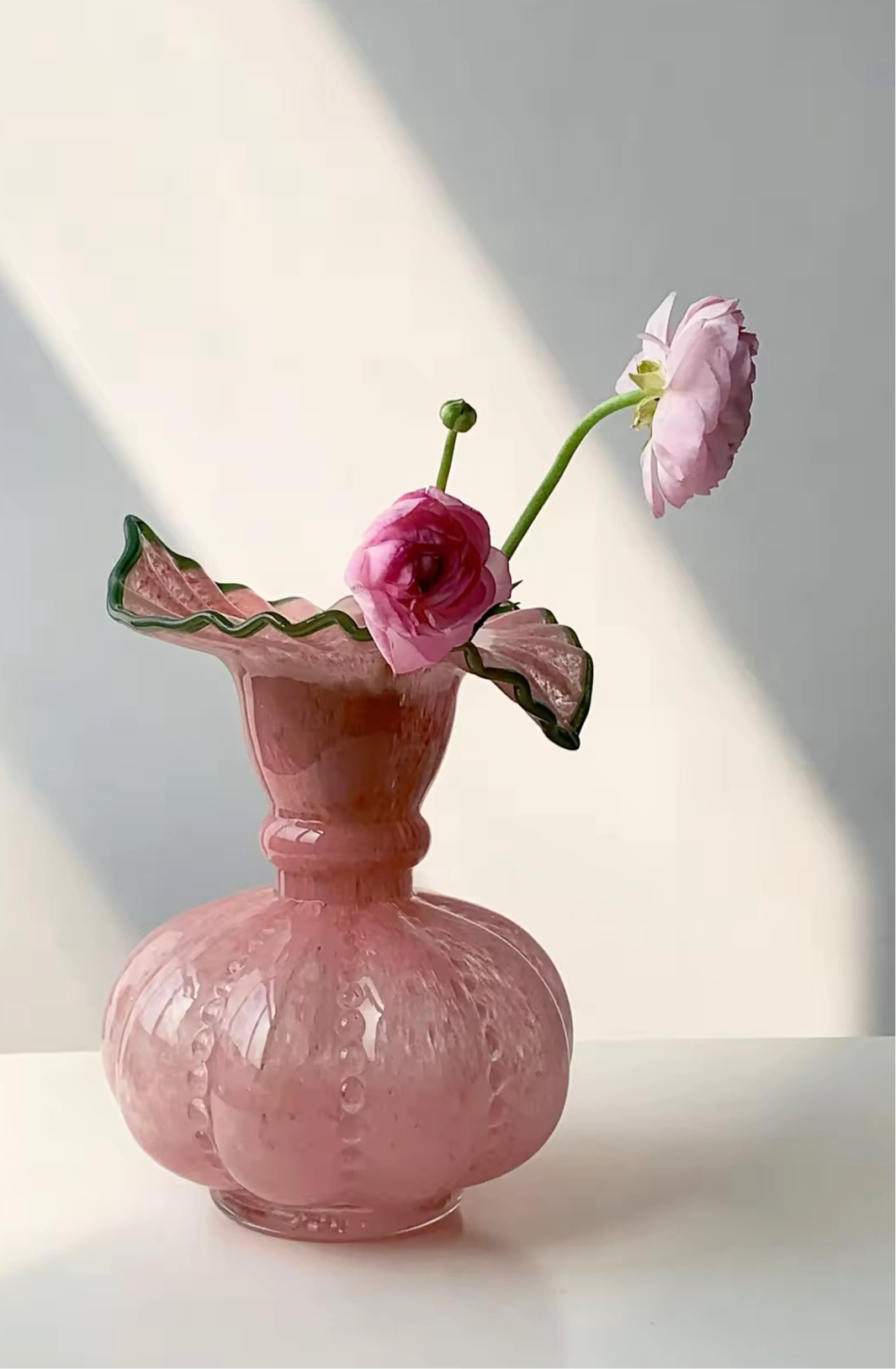 Blush Pink Elegant Pumpkin Victorian Glass Crystal Floral Leaf Vase