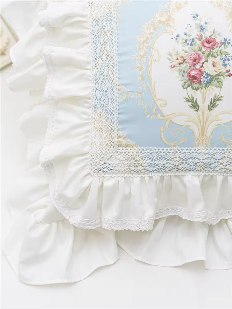 Pastel Blue Floral Pink Victorian French Bouquet Lace Princess Ruffle Hem Luxury Pillow Cover