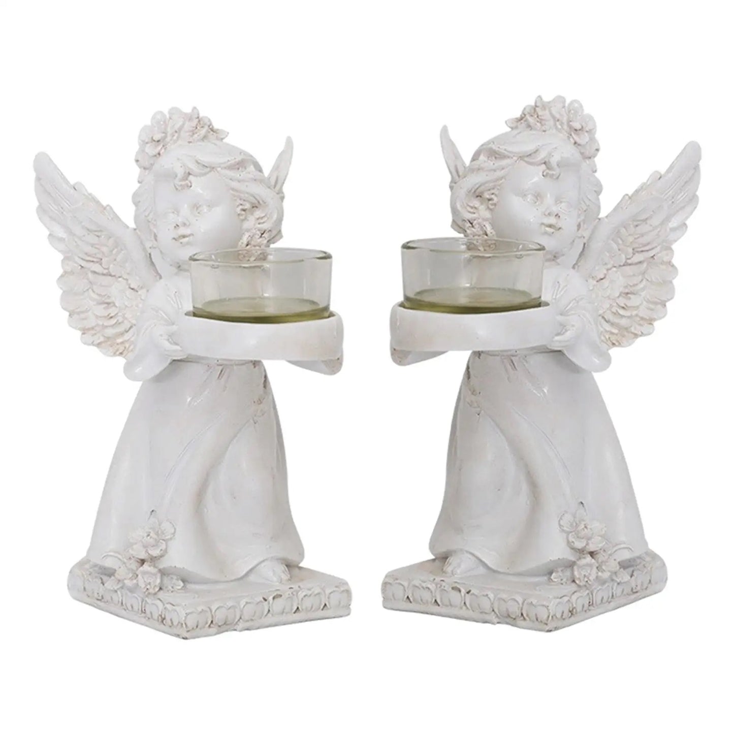 Matching Stone Angel Cupid Statue Tealight Candle Holders
