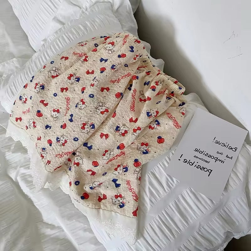 Sanrio Hello Kitty & Friends Womens Pyjamas Check Print Waffle Texture Loose Cotton Casual Stretch Shorts