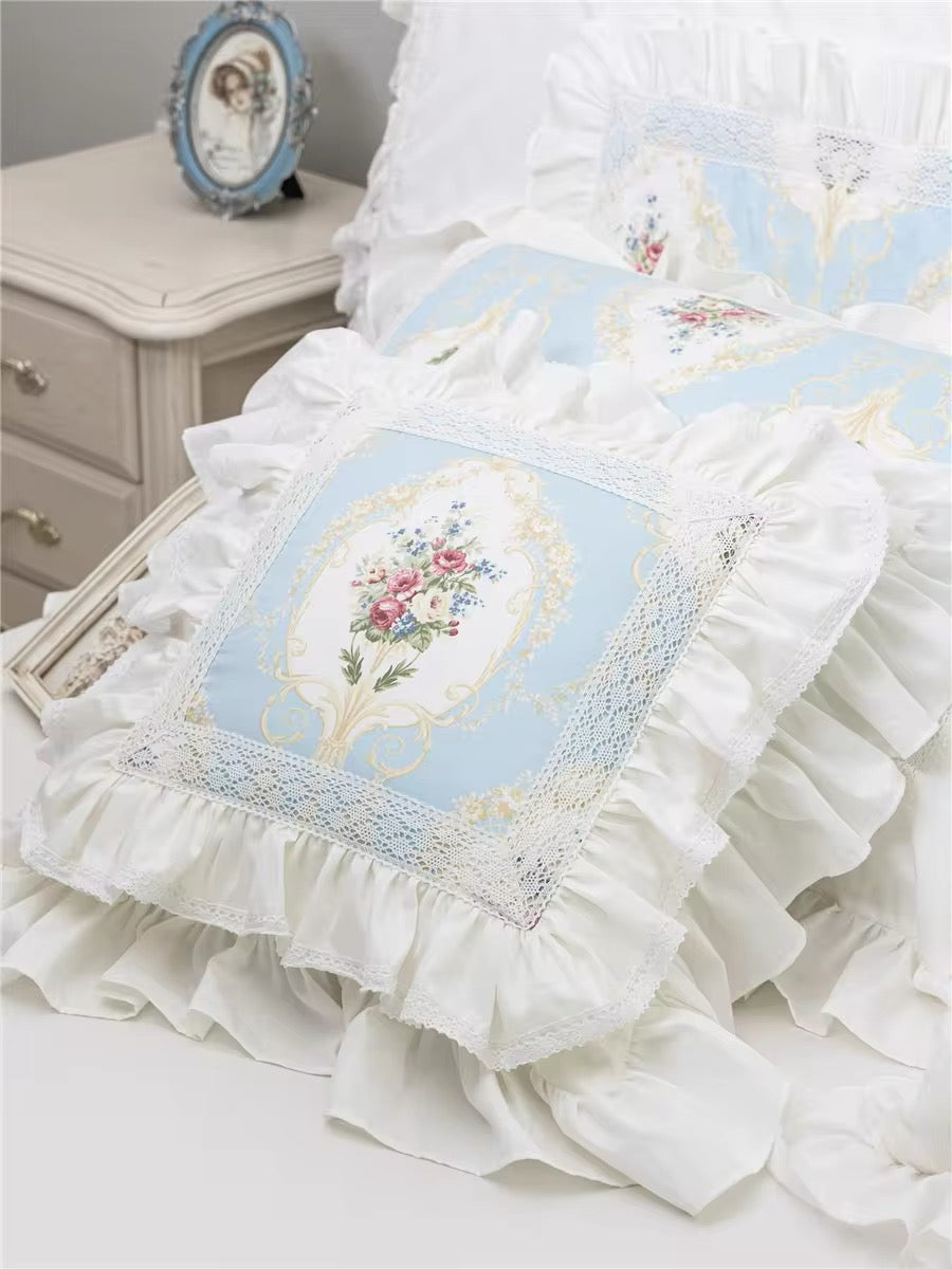 Pastel Blue Floral Pink Victorian French Bouquet Lace Princess Ruffle Hem Luxury Pillow Cover